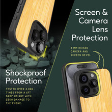 Load image into Gallery viewer, Sustainable wood iPhone 15 Pro Max cover. Screen & Camera Lens Protection with raised screen bevel.