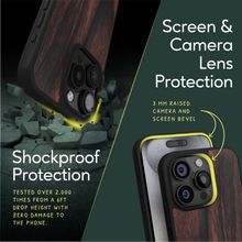Load image into Gallery viewer, Sustainable wood iPhone 15 Pro cover. Screen & Camera Lens Protection with raised screen bevel.