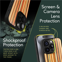 Load image into Gallery viewer, Sustainable wood iPhone 15 Pro cover. Screen & Camera Lens Protection with raised screen bevel.