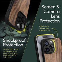 Load image into Gallery viewer, Sustainable wood iPhone 15 Pro cover. Screen & Camera Lens Protection with raised screen bevel.