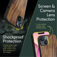 Load image into Gallery viewer, Sustainable wood iPhone 13 cover. Screen & Camera Lens Protection with raised screen bevel.