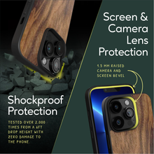 Load image into Gallery viewer, Sustainable wood iPhone 13 Pro cover. Screen & Camera Lens Protection with raised screen bevel.