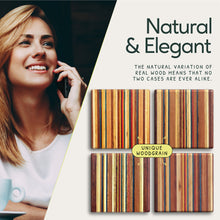 Load image into Gallery viewer, Handcrafted wooden iPhone 15 plus case. The natural variation of real wood means that no two cases are ever alike.