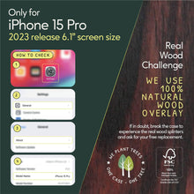 Load image into Gallery viewer, iPhone 15 Pro eco-friendly case. We use real natural wood overlay.