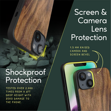 Load image into Gallery viewer, Sustainable wood iPhone 14 cover. Screen & Camera Lens Protection with raised screen bevel.