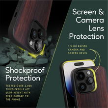 Load image into Gallery viewer, Sustainable wood iPhone 14 Pro cover. Screen & Camera Lens Protection with raised screen bevel.