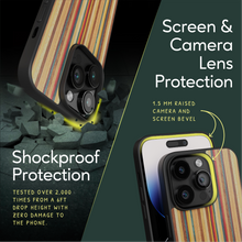 Load image into Gallery viewer, Sustainable wood iPhone 14 Pro cover. Screen & Camera Lens Protection with raised screen bevel.