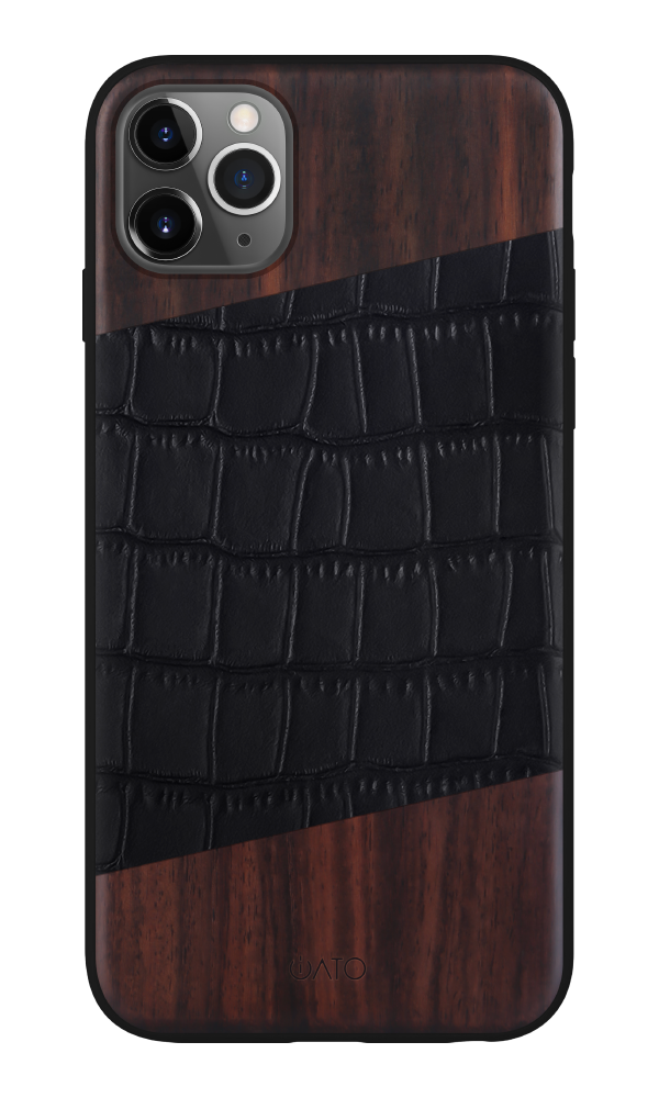 iPhone 11 Pro - iATO Bois de Rosewood & Black Croco Leather Case - Protective Design. - iATO Awesome