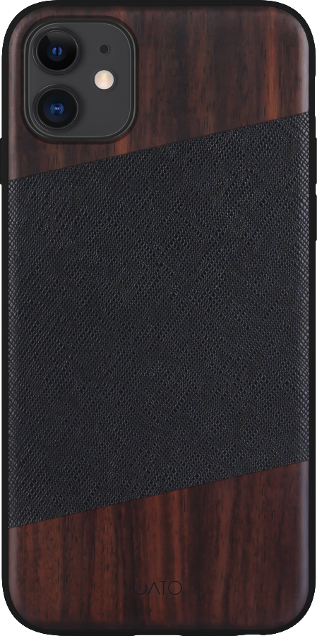 iATO iPhone 11 Bois de Rose Wood & Black Saffiano Leather Case - Protective Design. - iATO Awesome