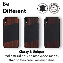Load image into Gallery viewer, iPhone XR Case. Real Bois de Rosewood & Black Saffiano Leather. - iATO Awesome Accessories
