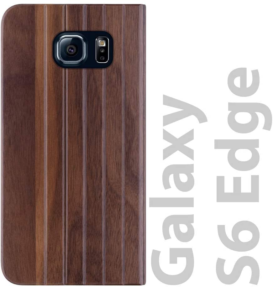 iATO Samsung Galaxy S6 Edge Book Type Case - Real Walnut Wood Grain Premium Protective Front & Back Cover for Samsung Galaxy S6 Edge - iATO Awesome