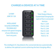 Load image into Gallery viewer, iATO 6 Port USB Charger 60W 12A Family Size Desktop Wall Charger. High Speed Rapid Fast Quick Charging Hub Station Power - Black - iATO Awesome
