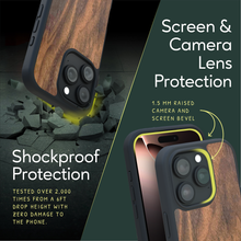 Load image into Gallery viewer, Sustainable wood iPhone 16 Pro cover. Screen &amp; Camera Lens Protection with raised screen bevel.
