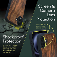 Load image into Gallery viewer, Sustainable wood iPhone 16 cover. Screen &amp; Camera Lens Protection with raised screen bevel.

