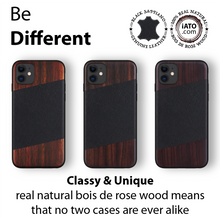 Load image into Gallery viewer, iPhone 11 Case. Real Bois de Rose Wood &amp; Black Saffiano Genuine Leather. - iATO Awesome Accessories 
