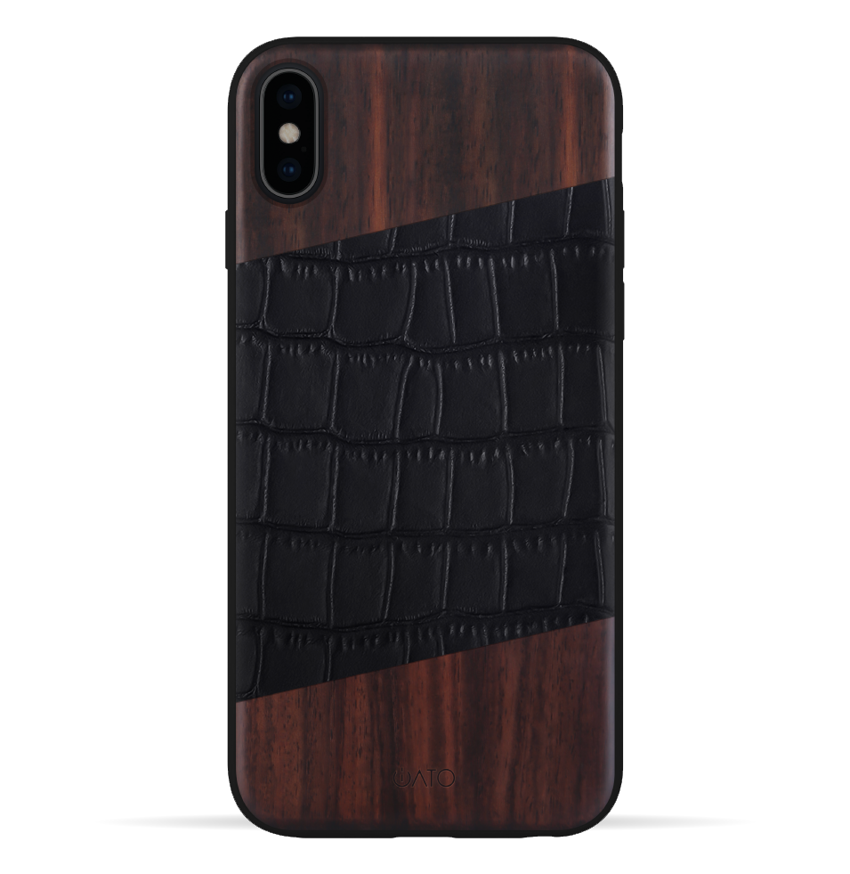 iPhone Xs Max Case. Real Bois de Rosewood & Black Croco Leather. - iATO Awesome Accessories 