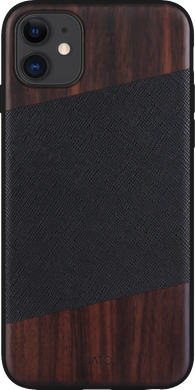 iATO iPhone 11 Bois de Rose Wood & Black Saffiano Leather Case - Protective Design. - iATO Awesome