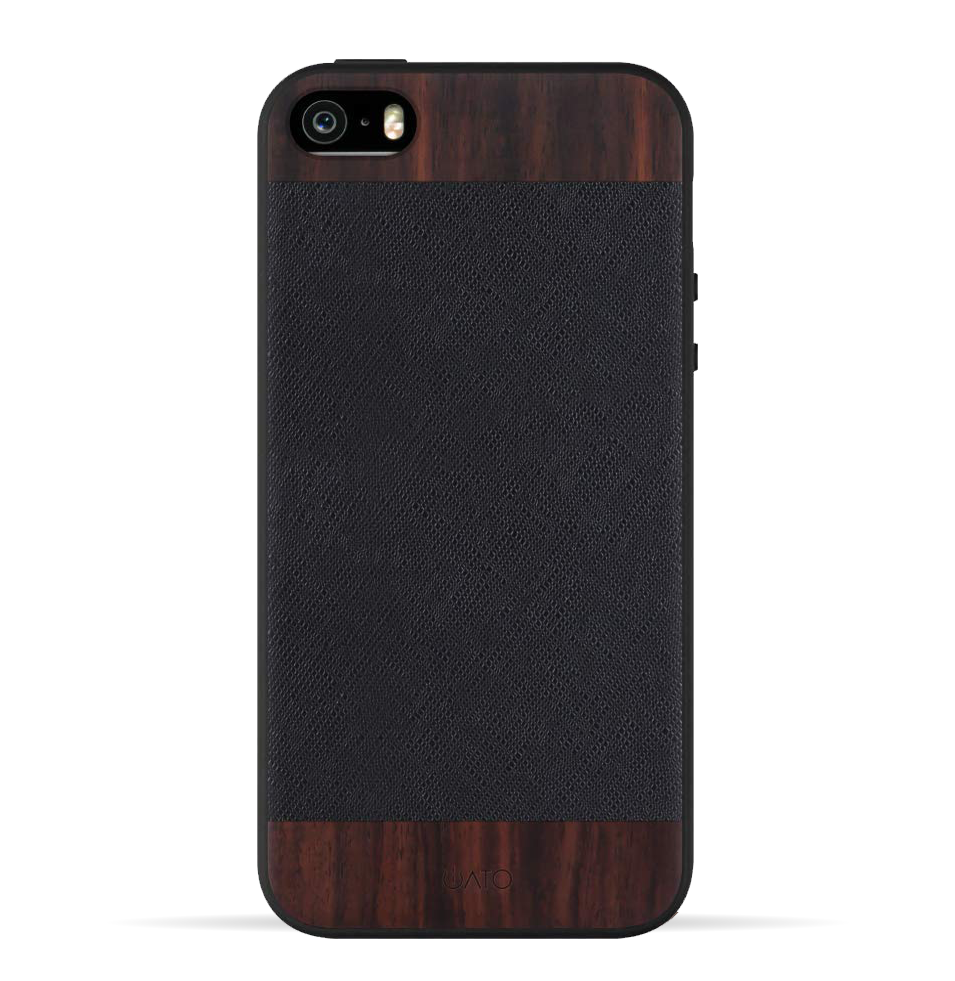 iPhone 5 / 5s / SE. Real Bois de Rosewood & Black Saffiano Genuine Leather. - iATO Awesome Accessories 