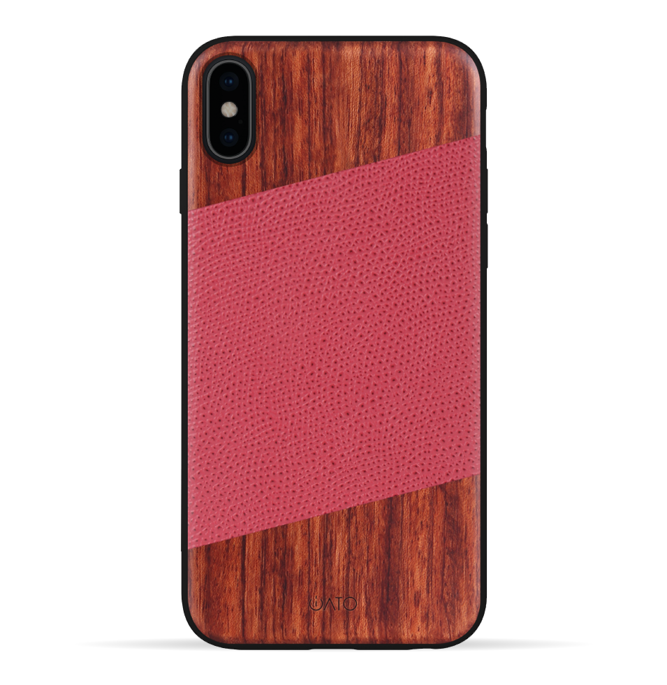 iPhone Xs Max Case. Real Rosewood & Red Lizard Pattern Genuine Leather. - iATO Awesome Accessories 