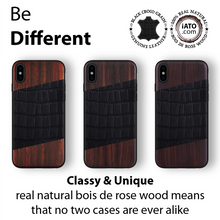 Load image into Gallery viewer, iPhone Xs Max Case. Real Bois de Rosewood &amp; Black Croco Leather. - iATO Awesome Accessories 
