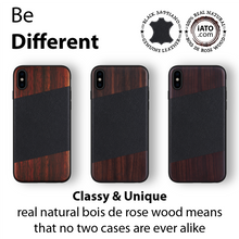 Load image into Gallery viewer, iPhone Xs Max Case. Real Bois de Rosewood &amp; Black Saffiano Leather. - iATO Awesome Accessories 

